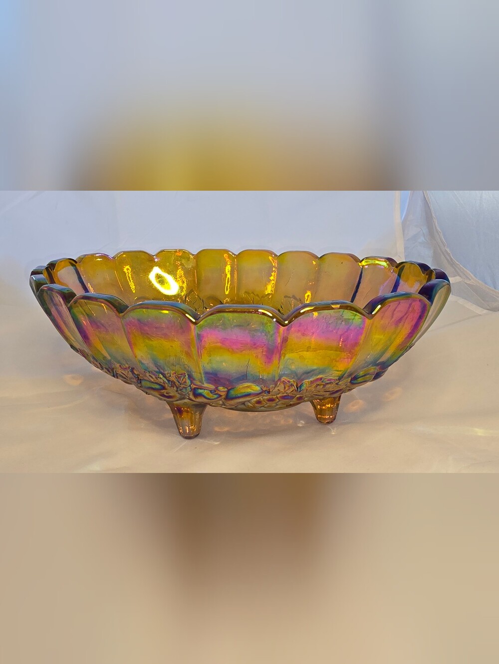 Carnival Glass Fruit Bowl Indiana Amber Harvest Gold Iridescent Heavy Weight